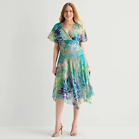 Rabbit Design Womens Midi V Neck Short Sleeve Flutter Abstract Fit + Flare Dress