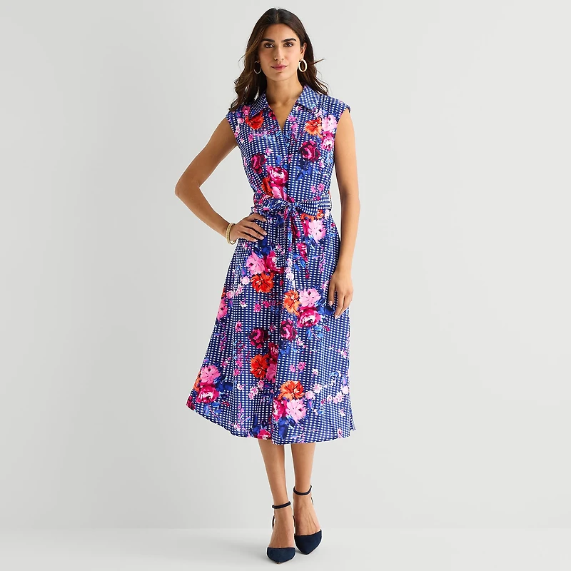 Rabbit Design Womens Midi Sleeveless Floral Fit + Flare Dress