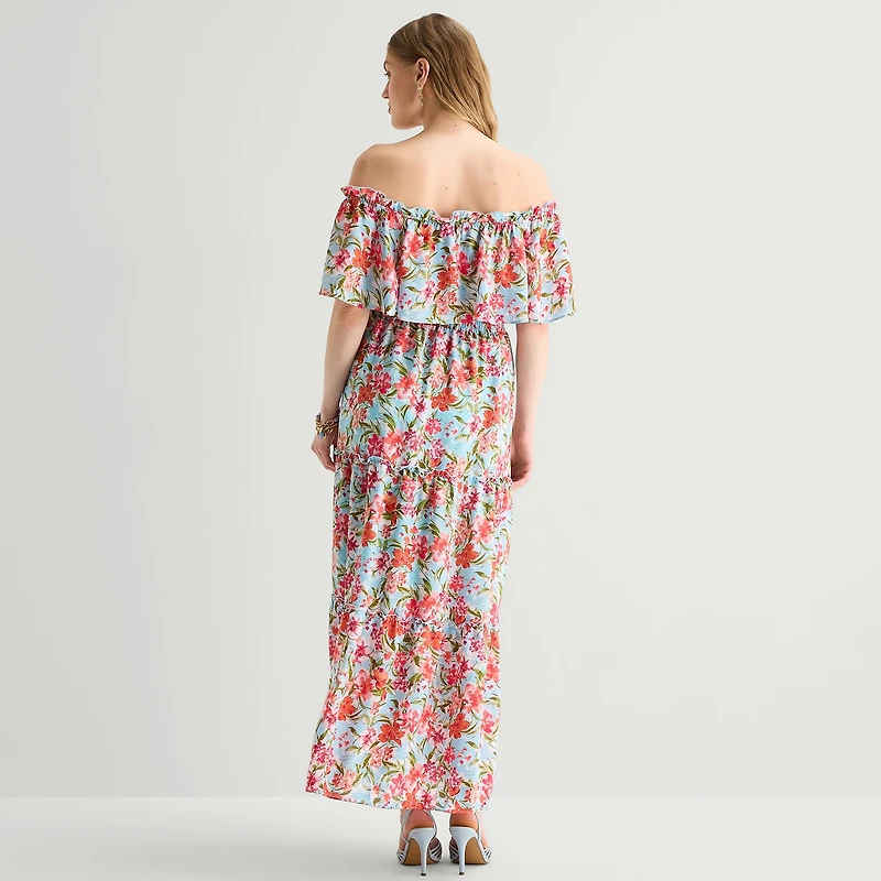 Rabbit Design Womens Midi Straight Neck Short Sleeve Off the Shoulder Floral Fit + Flare Dress