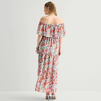 Rabbit Design Womens Midi Straight Neck Short Sleeve Off the Shoulder Floral Fit + Flare Dress