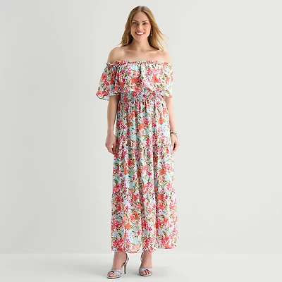 Rabbit Design Womens Midi Straight Neck Short Sleeve Off the Shoulder Floral Fit + Flare Dress