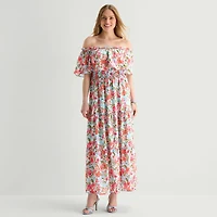 Rabbit Design Womens Midi Straight Neck Short Sleeve Off the Shoulder Floral Fit + Flare Dress