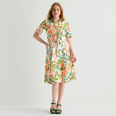 Danny & Nicole Womens Short Sleeve Midi Floral Shirt Dress