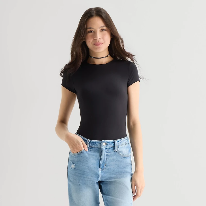 Arizona Smooth Womens Juniors Crew Neck Short Sleeve Bodysuit