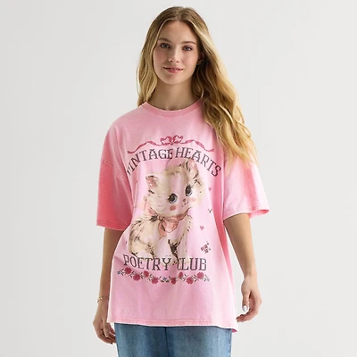 Arizona Womens Juniors Crew Neck Short Sleeve Oversized Graphic T-Shirt