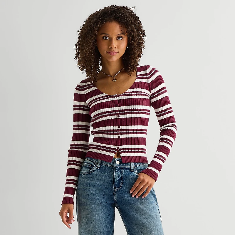 Arizona Womens Juniors V Neck Long Sleeve Button Cardigan