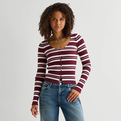 Arizona Womens Juniors V Neck Long Sleeve Button Cardigan