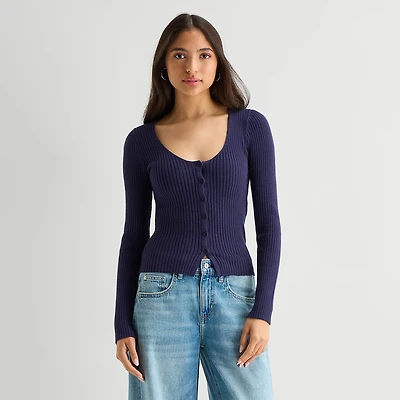 Arizona Womens Juniors Long Sleeve Button Cardigan