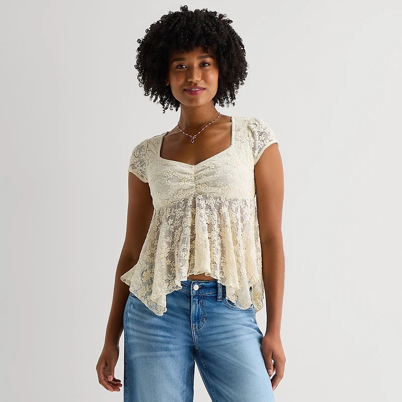 Arizona Womens Juniors Short Sleeve Babydoll Top