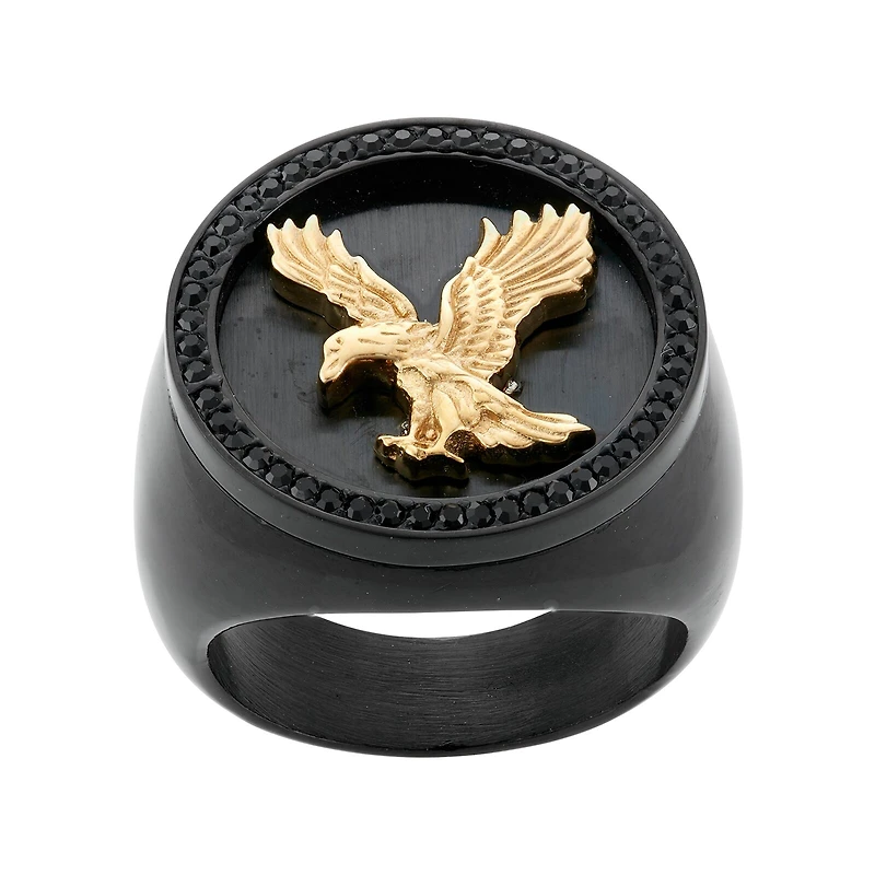 Mens Crystal Stainless Steel & Black IP Eagle Signet Ring