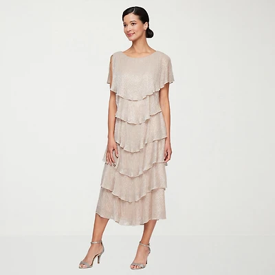 S. L. Fashions Womens Midi Round Neck Short Sleeve Shift Dress