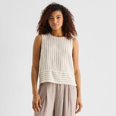 a.n.a Linen Womens Round Neck Sleeveless Blouse