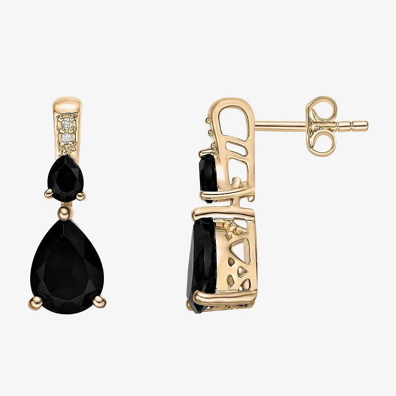 Womens Genuine Black Onyx 10K Gold Pear Drop Earrings