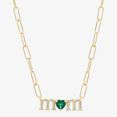 "Mom" Womens Lab Created Green Emerald 14K Gold Over Silver Sterling Silver Heart 18 Inch Pendant Necklace