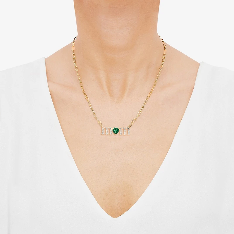 "Mom" Womens Lab Created Green Emerald 14K Gold Over Silver Sterling Silver Heart 18 Inch Pendant Necklace