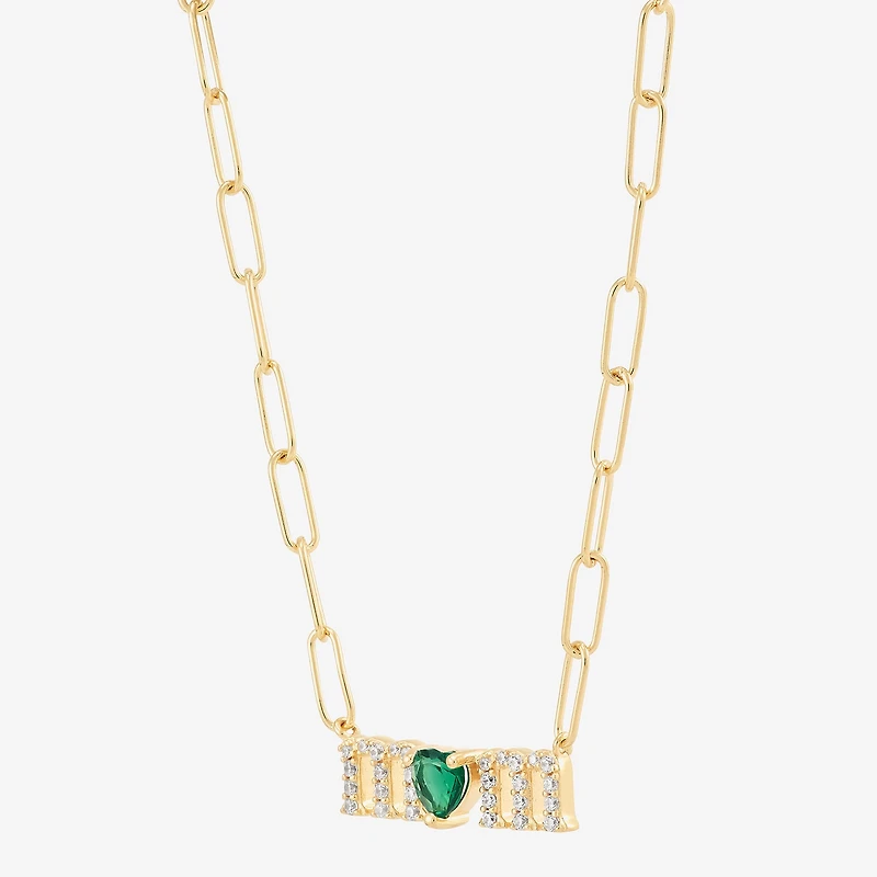 "Mom" Womens Lab Created Green Emerald 14K Gold Over Silver Sterling Silver Heart 18 Inch Pendant Necklace