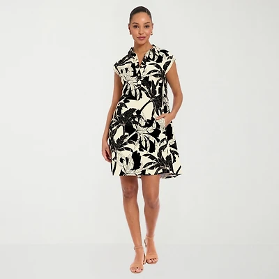 London Times Womens Notch Neck Short Sleeve Leaf Shift Dress