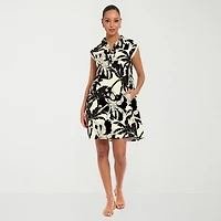 London Times Womens Notch Neck Short Sleeve Leaf Shift Dress