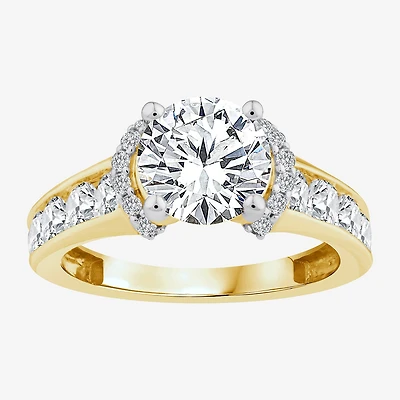 (F / Vs2) Womens 3 CT. T.W. Lab Grown White Diamond 14K Gold Round Side Stone Halo Engagement Ring