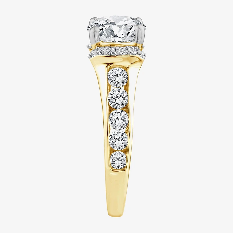 (F / Vs2) Womens 3 CT. T.W. Lab Grown White Diamond 14K Gold Round Side Stone Halo Engagement Ring