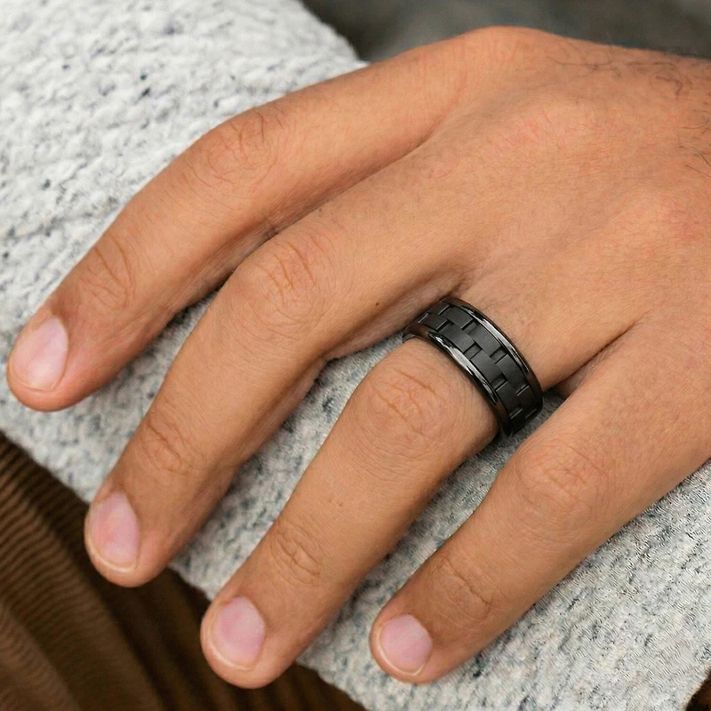 Mens Comfort Fit 8mm Black Titanium Link Inlay Wedding Band