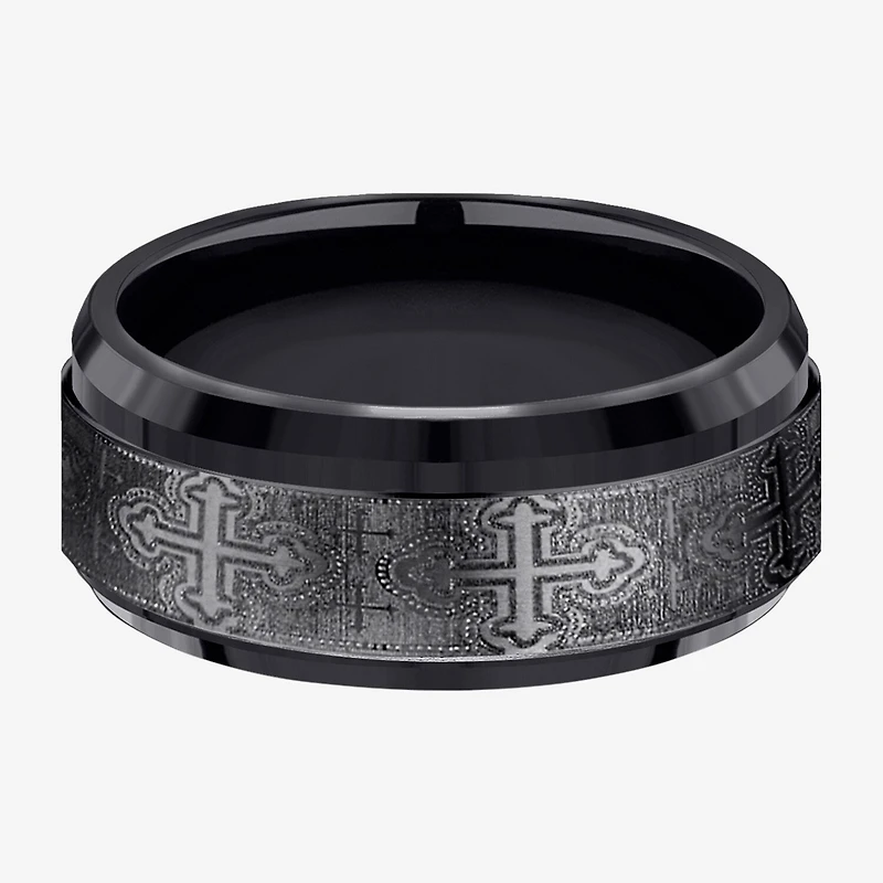 Mens Comfort Fit 9mm Black Titanium Cross Wedding Band