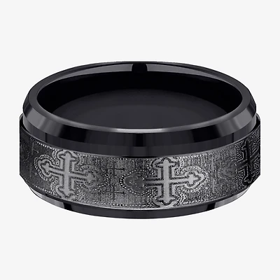 Mens Comfort Fit 9mm Black Titanium Cross Wedding Band