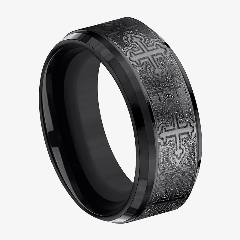 Mens Comfort Fit 9mm Black Titanium Cross Wedding Band