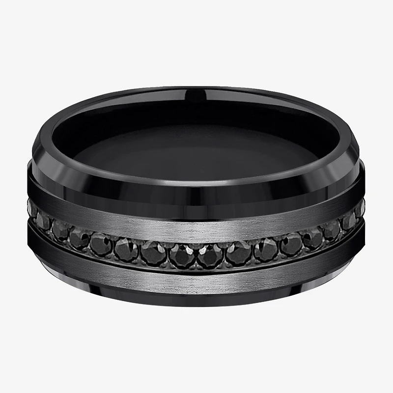 Mens Comfort Fit 9mm Black Titanium and Cubic Zirconia Wedding Band