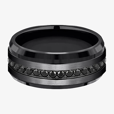 Mens Comfort Fit 9mm Black Titanium and Cubic Zirconia Wedding Band