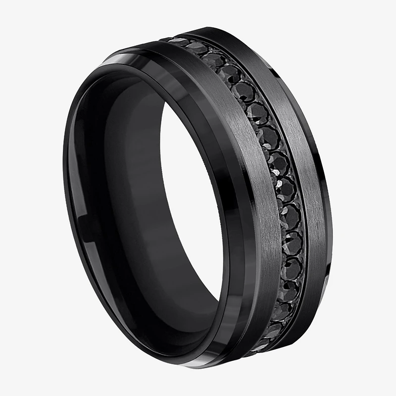 Mens Comfort Fit 9mm Black Titanium and Cubic Zirconia Wedding Band