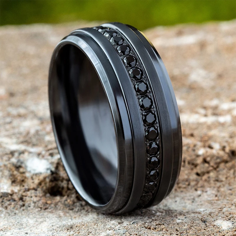 Mens Comfort Fit 9mm Black Titanium and Cubic Zirconia Wedding Band