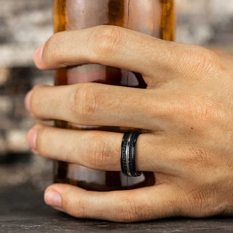 Mens Black Cobalt Hammered Center 8mm Wedding Band