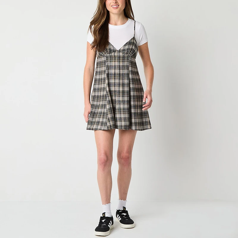 Arizona 2fer Womens Juniors Short Sleeve Plaid Shirt Dress