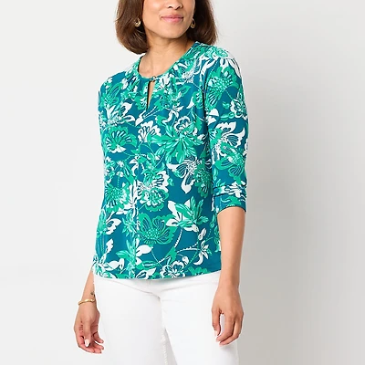 Liz Claiborne Womens Keyhole Neck 3/4 Sleeve Blouse