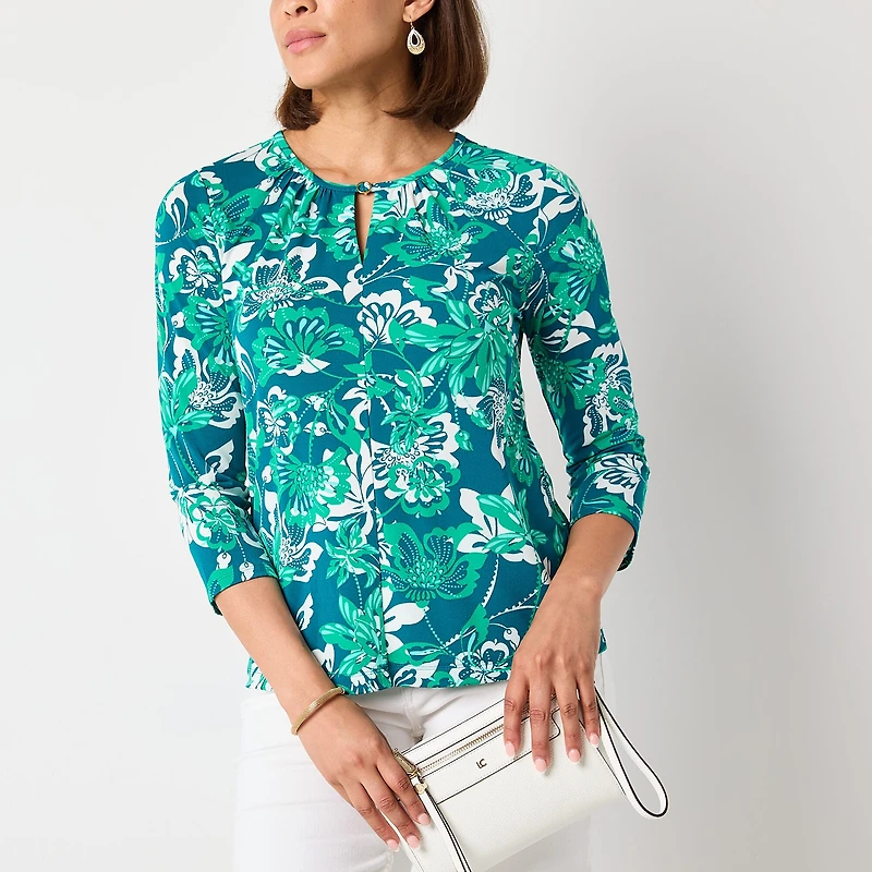 Liz Claiborne Womens Keyhole Neck 3/4 Sleeve Blouse
