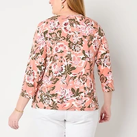 Liz Claiborne Womens Plus Keyhole Neck 3/4 Sleeve Blouse