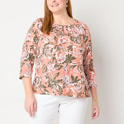 Liz Claiborne Womens Plus Keyhole Neck 3/4 Sleeve Blouse