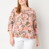 Liz Claiborne Womens Plus Keyhole Neck 3/4 Sleeve Blouse