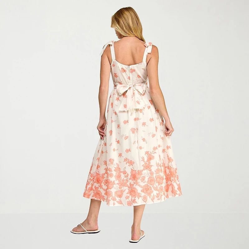 Trixxi Womens Midi Straight Neck Sleeveless Floral A-Line Dress
