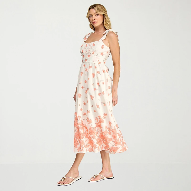 Trixxi Womens Midi Straight Neck Sleeveless Floral A-Line Dress
