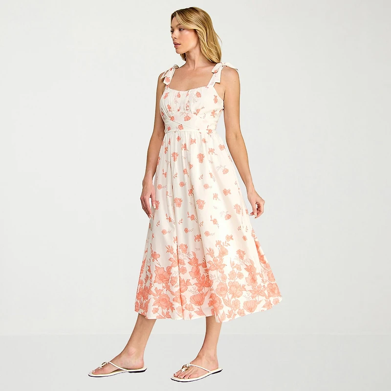 Trixxi Womens Midi Straight Neck Sleeveless Floral A-Line Dress