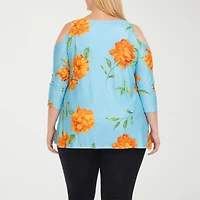 White Mark Plus Floral Cold Shoulder Womens Scoop Neck 3/4 Sleeve Tunic Top
