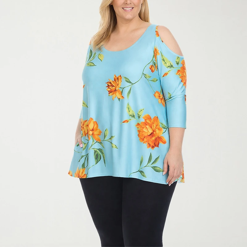 White Mark Plus Floral Cold Shoulder Womens Scoop Neck 3/4 Sleeve Tunic Top