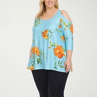 White Mark Plus Floral Cold Shoulder Womens Scoop Neck 3/4 Sleeve Tunic Top