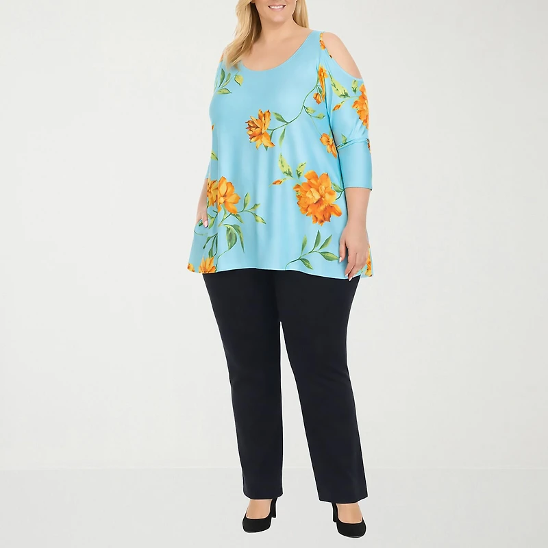 White Mark Plus Floral Cold Shoulder Womens Scoop Neck 3/4 Sleeve Tunic Top