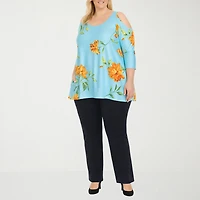 White Mark Plus Floral Cold Shoulder Womens Scoop Neck 3/4 Sleeve Tunic Top