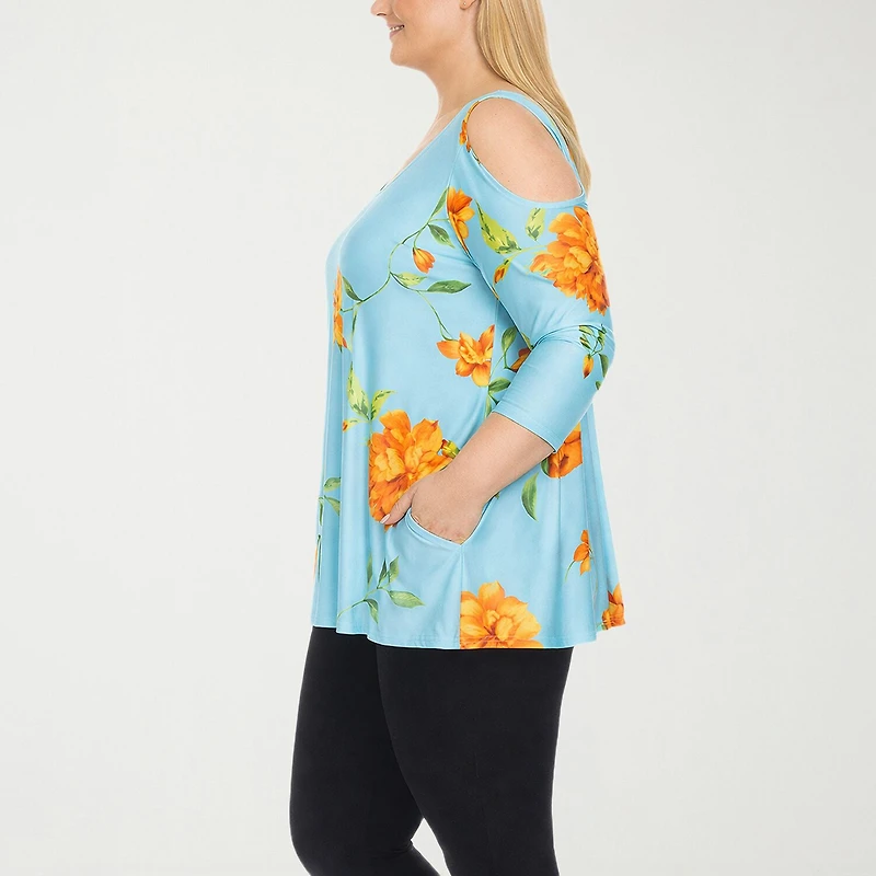 White Mark Plus Floral Cold Shoulder Womens Scoop Neck 3/4 Sleeve Tunic Top