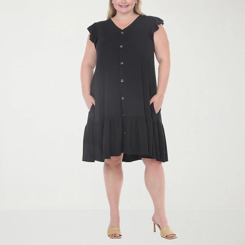 White Mark Button Front Womens Plus Short Sleeve Swing Dresses