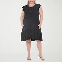 White Mark Button Front Womens Plus Short Sleeve Swing Dresses